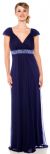 Cap Sleeve Long Formal Dress with Beaded Waist in Navy